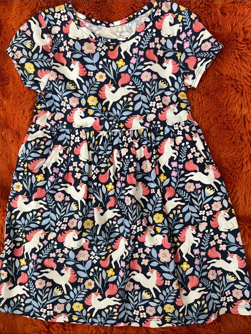 wonder nation Navy Unicorn Floral Short Sleeve Dress with Pink Accents